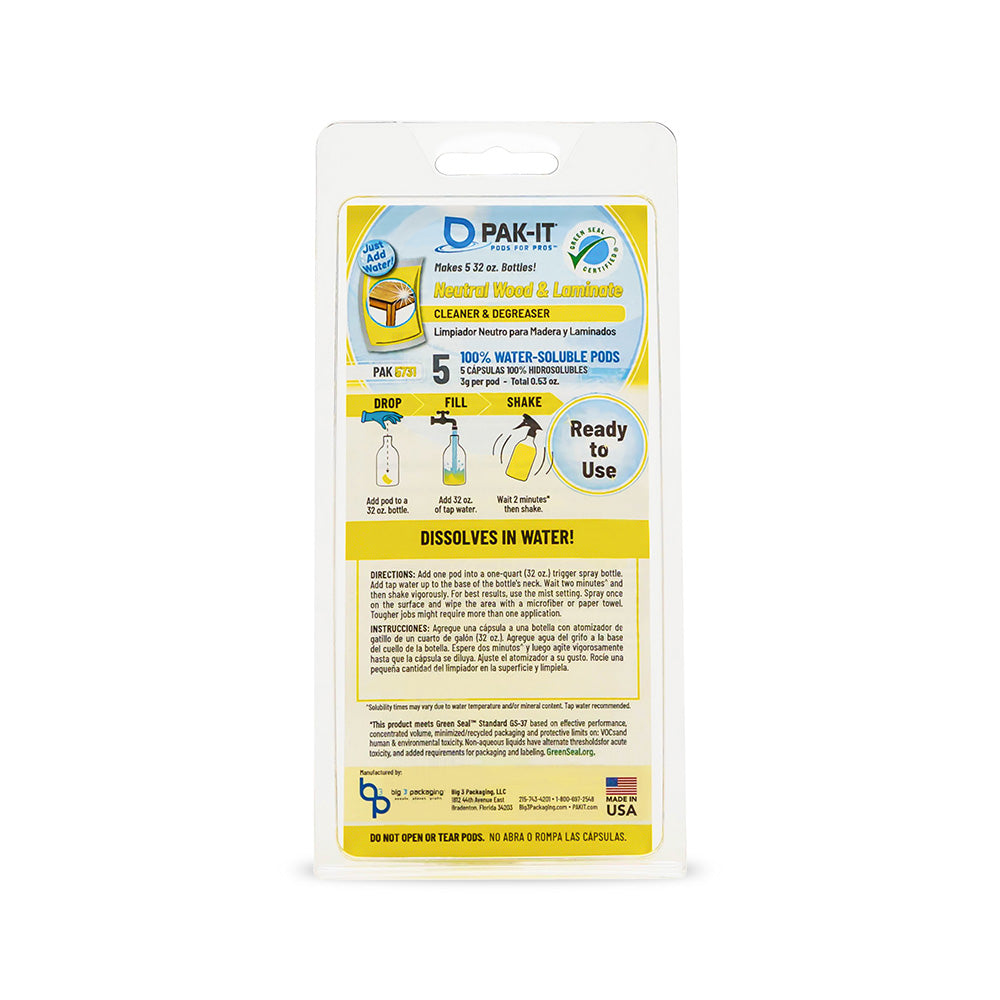 PAK-IT® Neutral Wood & Laminate Cleaner-surface cleaner-5ct Clamshell-Individual-PAK-IT - Pods for Pros®